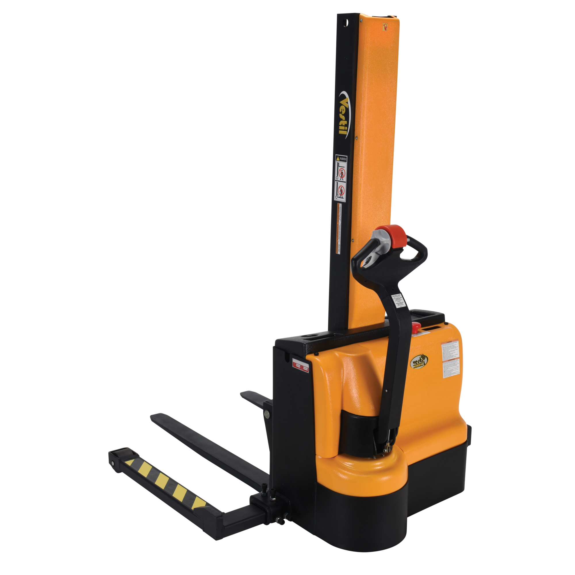 Vestil Steel Narrow Mast Stacker DC Powered 62 In. Raised Height Adjustable Forks and Support Legs 2,200 Lb. Capacity Black / Yellow